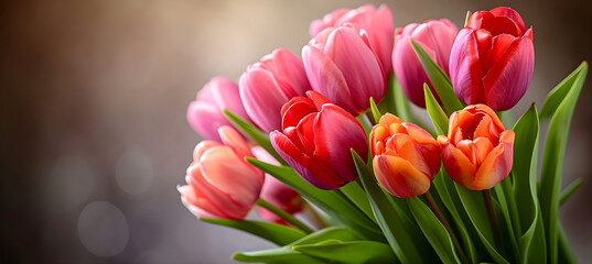 Obraz premium banner of bright tulips bouquet