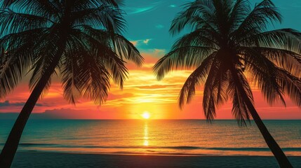 A serene beach sunset with palm trees in silhouette