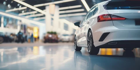 Fotobehang Blurred gray car parked in a luxury showroom. © xartproduction