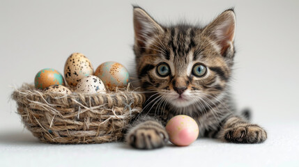 Fototapeta na wymiar Curious Kitten with a Basket full of Decorative Easter Eggs