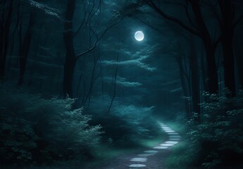 Moonlit path through a dense forest, ethereal and mystical, cool tones
