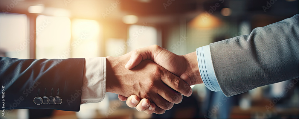 Wall mural two businessman shook hands, making deal, hand shake for an agreement.