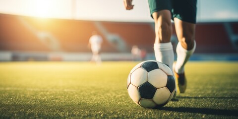 Close-up of a soccer ball and soccer player's feet
