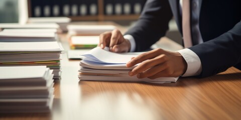 Close-up Hands of a Businessman Working With stacks of documents