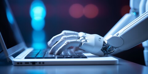Close-up of a robot hand typing on computer