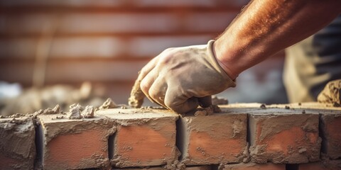 Close-up of hands making brickwork