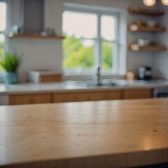 Empty tabletop over the defocused kitchen with copyspace, Wood table top on blur kitchen counter background.