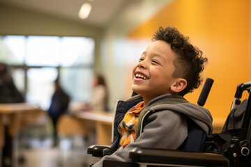 young disabled boy sitting on wheelchair at school smiling bokeh style background - obrazy, fototapety, plakaty