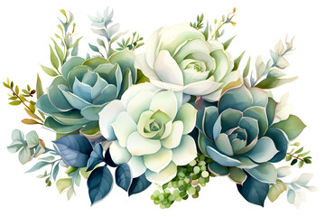 Floral composition of succulents, flowers and branches. Boutonnieres of succulents for wedding, baby shower invitations, greeting cards, covers