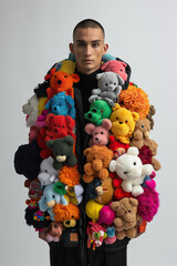 Man in custom jacket for plush doll: A fusion of fashion and craft