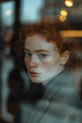Red hair woman in cafe mirror shot: Urban elegance captured