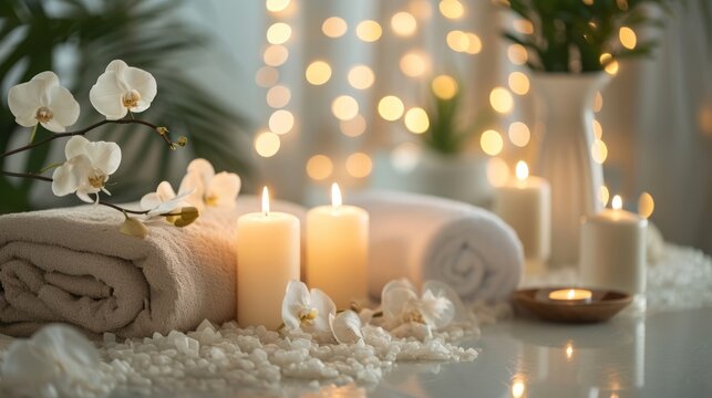 Health & Wellness: A peaceful spa setting with soft lighting, aromatic candles, and wellness products, creating a serene atmosphere.