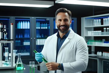 Naklejka na ściany i meble Scientist man with test tube in science laboratory with smile friendly.