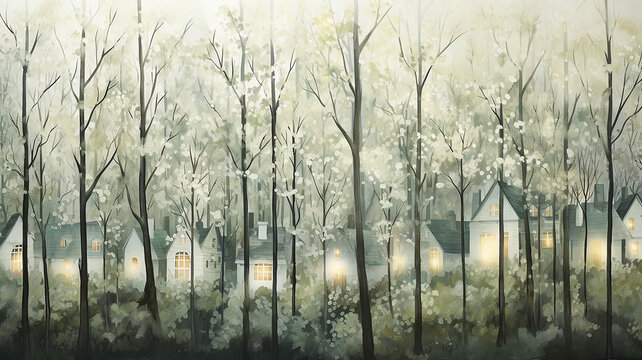 watercolor illustration background, a row of houses in a spring green forest, young greenery of trees abstract flat graphics © kichigin19