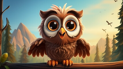 Fototapeta premium cartoon owl with big eyes, cute illustration for kids