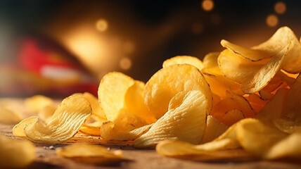 natural potato chips close-up, background golden texture fried potatoes, fast food