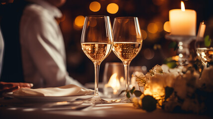 table setting with glasses on a festive evening, restaurant, christmas luxury table