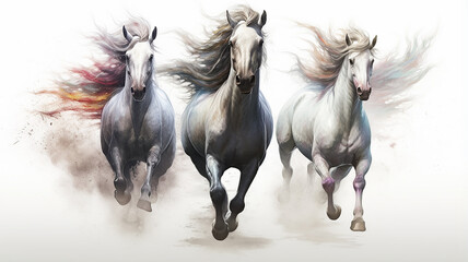 three unusual fairytale running horses, in a dynamic pose