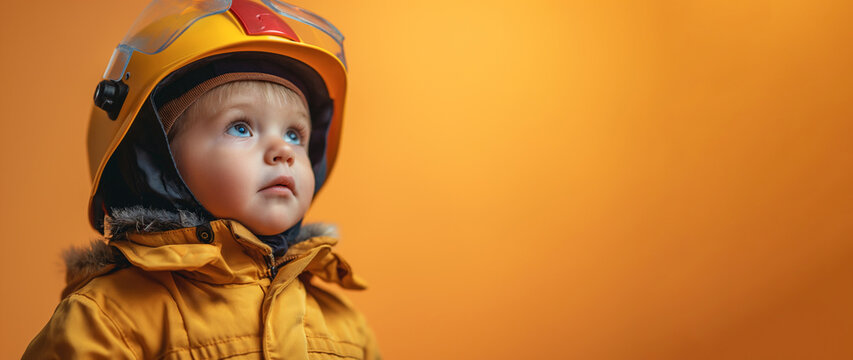 Little boy wearing firefighter outfit like the firefighter isolated on orange banner background, conceptual of imagination and dream career, generative AI