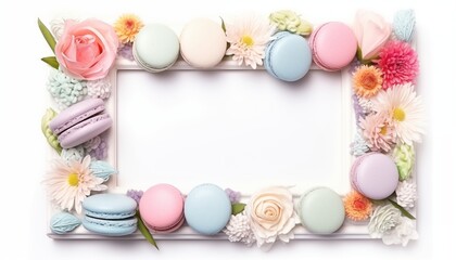  frame with pastel macarons and flowers in spring empty space for text