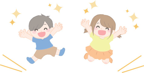 ジャンプして喜ぶ元気な子供たちのイラスト1-2