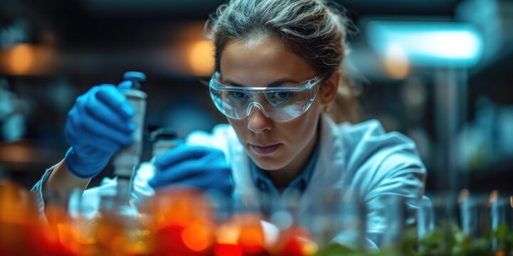 A female scientist works in a laboratory, conducting research and experiments in the field of biotechnology and medicine.