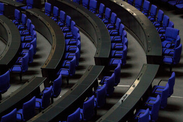 July 1st 2023 - Reichstag seats, parliament interior image with rows of reichstag blue seats and...