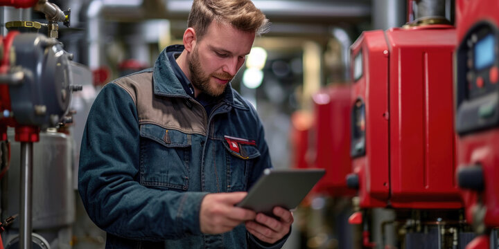 Der Techniker &uuml;berpr&uuml;ft mit dem Tablet in der Hand die Heizungsanlage im Heizraum
