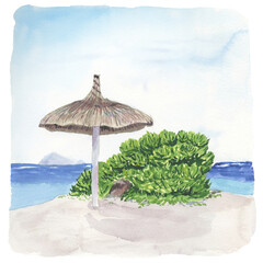 Watercolor summer landscape with beach umbrella and green shrub. 
Hand deawn tropical landscape.