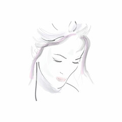 Beautiful young woman face. Hand drawn watercolor illustration on white background. 