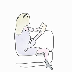 Cartoon illustration of a woman sitting on a chair and reading a book 