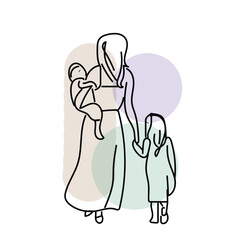 Mother with her two children Continuous line drawing Vector illustration 