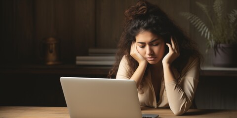 Fototapeta premium Portrait of a tired Young Woman Who Works Remotely