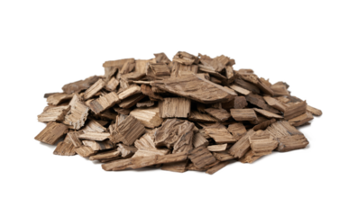 pile of french oak wood chip for smoking meat and fish isolated on white background.