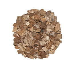top view flat lay pile of french oak wood chip for smoking meat and fish isolated on white...