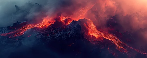 Zelfklevend Fotobehang Inferno unleashed. Captivating image of active volcano eruption featuring fiery lava flow intense flames and stunning display of nature power © Bussakon