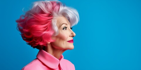 portrait of an elderly woman with bright colorful hair