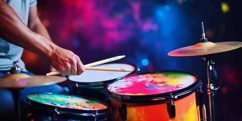 Close-up of a musical drum kit and the hands of a player