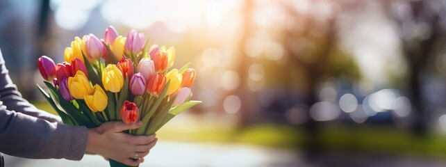 A man holds a bouquet of flowers in his hands on a blurred background - obrazy, fototapety, plakaty