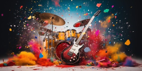 rock musical instruments explode with colorful splash