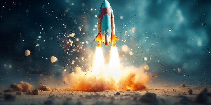 Toy rocket takes off on a blue background