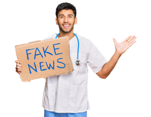 Young handsome man wearing doctor uniform holding fake news banner celebrating victory with happy smile and winner expression with raised hands