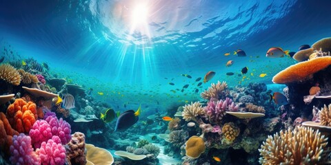 Underwater Scene - Tropical Seabed With Reef And Sunshine - obrazy, fototapety, plakaty