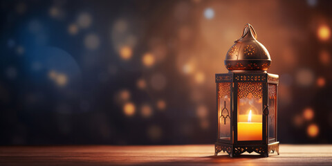 Hand holding a lantern on blurred background. Ramadan Kareem concept. - obrazy, fototapety, plakaty