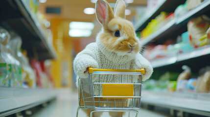 Yellow rabbit's whimsical shopping day in a mall with a cart