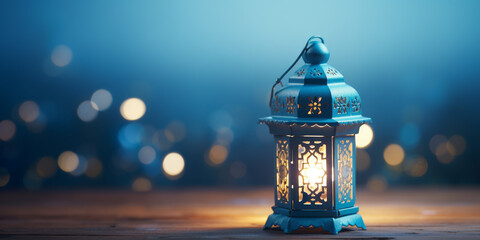 Lantern on a golden bokeh background. Ramadan Kareem concept.