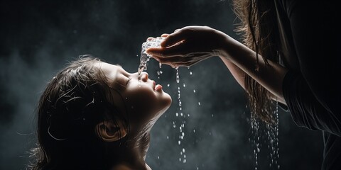 Mother bathes her baby close-up