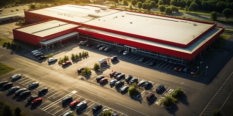 Aerial view of a hypermarket and parking - obrazy, fototapety, plakaty