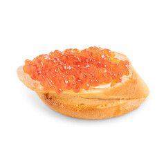 Side view of sliced loaf of bread or toast with butter and red salted salmon fish caviar isolated...