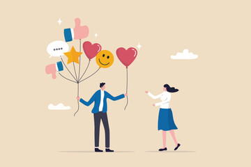 Customer feedback, review or service satisfaction, giving rating, opinion or review evaluation, user experience, ranking or quality rating concept, customer holding feedback balloons giving heart.
